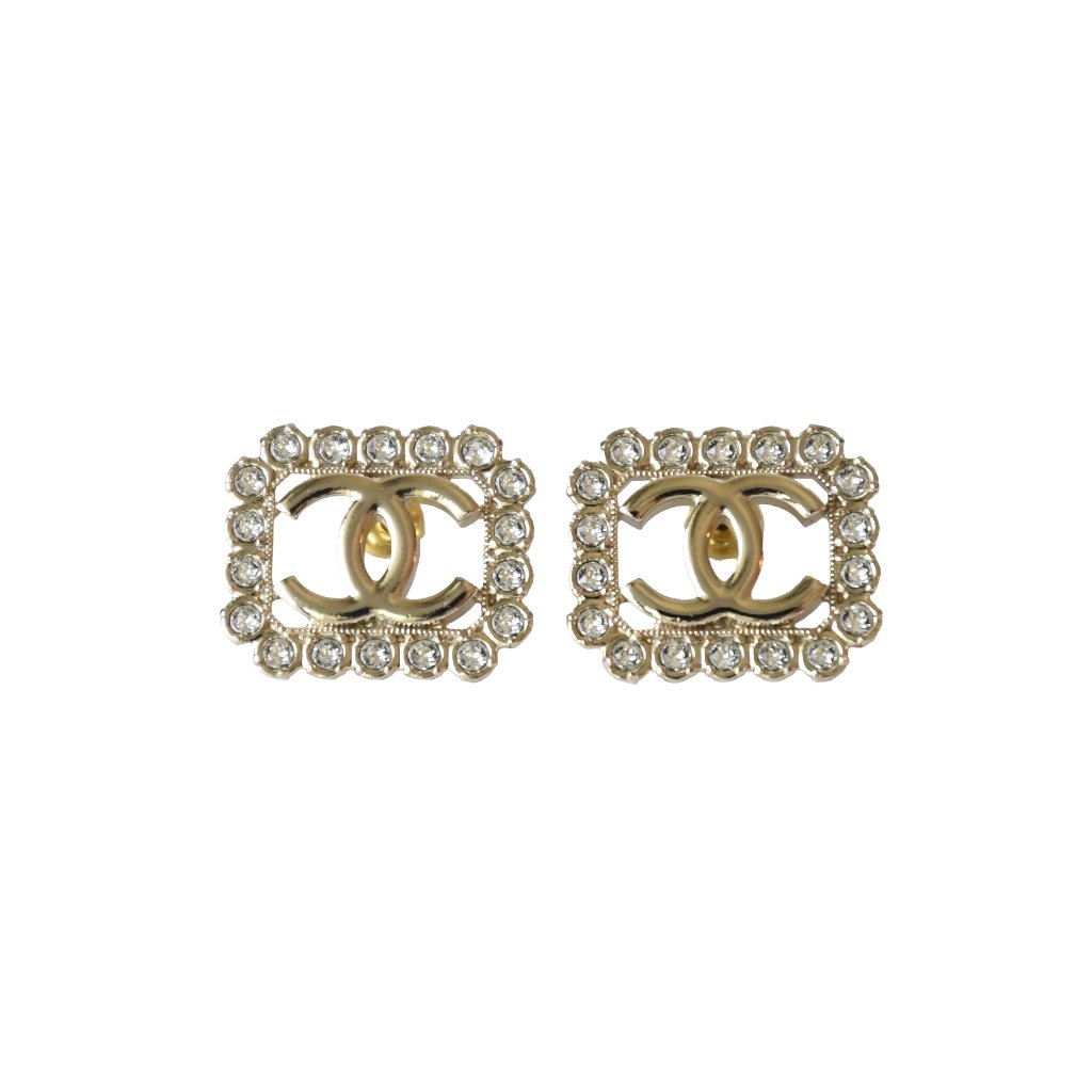 Chanel Cc Crystal Strass Rectangular Stud Earrings Gold